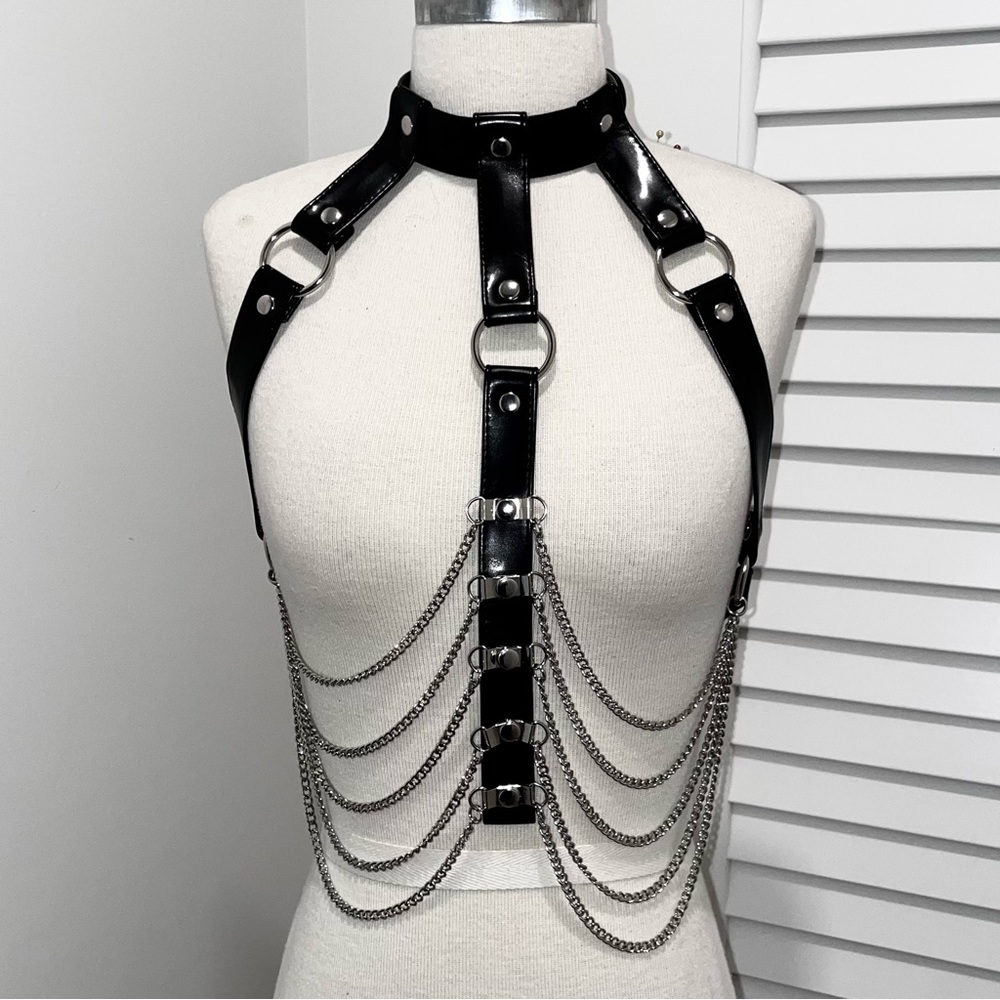 Faux leather and chain harness top
